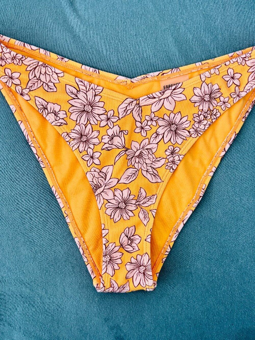 Forever 21 Yellow Floral Waffle Knit Swim Bottom High Cut Retro Bikini Medium
